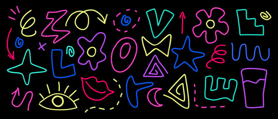 neon doodle  hand drawing elements set , decorative, vector