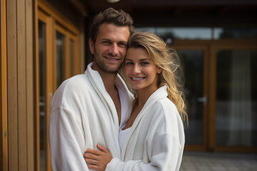 Young couple in love  in a bathrobe