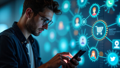 Portrait of Caucasian Man Using Smartphone in Metaverse With Animated Stream Of Interfaces With Social Media, e-Commerce Shopping, Internet Influencers And Games. Visualization Of Web Network. 