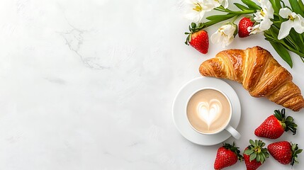 Coffee, croissant, strawberries, and white flowers rest elegantly on a white marble background.