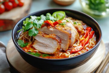 Ramen Noodles Spicy Tomyum Soup with Roast Pork - Fusion food style , ai