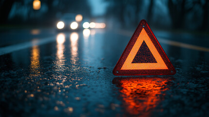 Emergency warning triangle on wet road, night setting, blurred car headlights, reflective surface, road safety concept