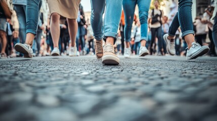 A busy city street with people walking on a cobblestone road, focusing on legs and shoes showcasing urban life and movement.