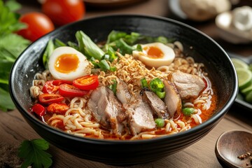 Ramen Noodles Spicy Tomyum Soup with Roast Pork - Fusion food style , ai
