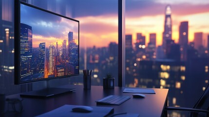 In an elegant office space, a computer screen displays a vibrant cityscape, mixing work and inspiration