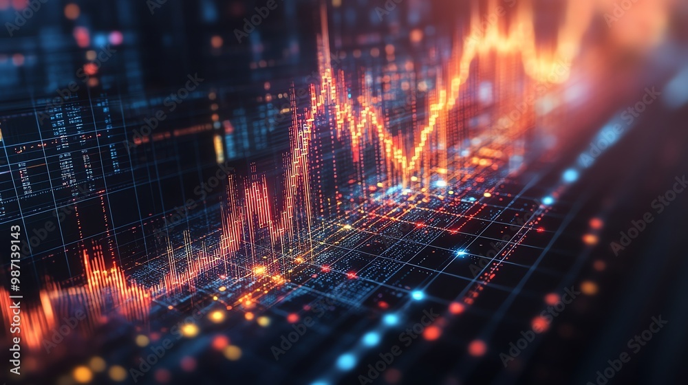 Poster abstract futuristic data visualization with a glowing graph and digital grid.