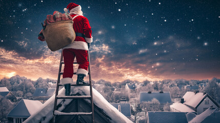 Santa Claus on rooftop with gift bag under starry sky, winter night, holiday season concept