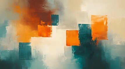 Abstract art with orange and blue color blocks on a light background