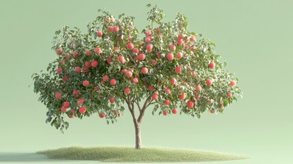 Fototapeta premium 3D-rendered apple tree in full bloom with ripe red apples, placed against a gentle green gradient backdrop.