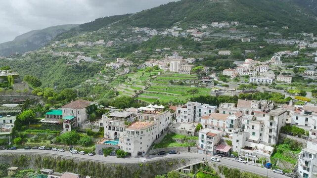 Ravello from a drone, Amalfi Coast, Tyrrhenian Sea, Salerno, Campania, Italy