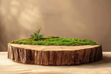 Minimalist Luxury old wooden cut, bark tree pedestal podium with green moss composition beige surface table and brown background product display for organic eco cosmetic and skin care , ai