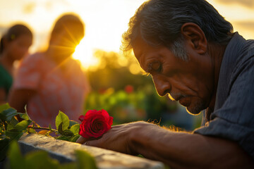 Man mourning by flower-filled grave at sunset cemetery, grief, sorrow, remembrance, emotional moment concept