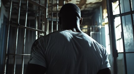 A man wearing a white shirt stands in a dimly lit room with barred windows, looking away. The atmosphere is tense and reflective.