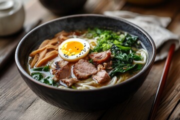 A close-up shot of a bowl of Japanese noodle soup with pork, egg, and greens , ai