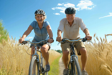 Senior couple cycling together in countryside, smiling, enjoying outdoor activity, wheat field, sunny day, healthy lifestyle, active seniors concept