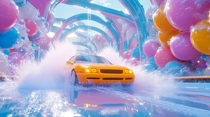 Colorful retro car covered in rich soap foam and bubbles at a vibrant car wash concept new beautiful stock image illustration AI
