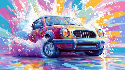 Colorful retro car covered in rich soap foam and bubbles at a vibrant car wash concept new beautiful stock image illustration AI