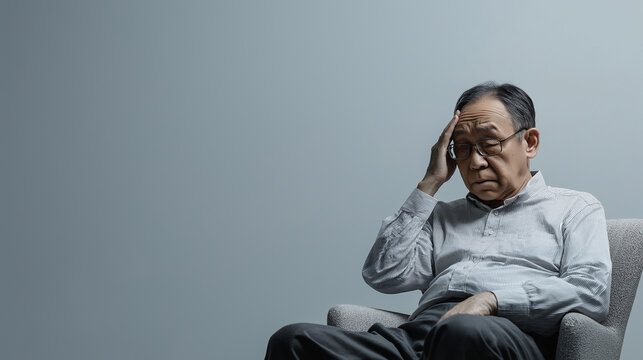 Frustrated elderly man sitting in chair hand on head with serious expression on dark background, stress anxiety concept
