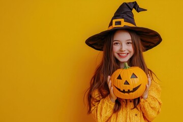 Fototapeta premium funny girl in witch costume for halloween with pumpkin jack and on yellow color background. Space for text