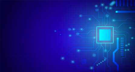 Digital circuit board background, illustration of processor chip and motherboard in futuristic technology.