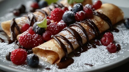 A feast of rolled crepes, topped with luscious chocolate, powdered sugar, and fresh berries for a delicious treat.