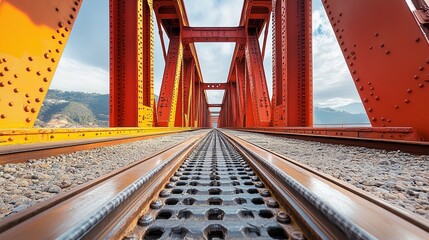 Obraz premium Railway Tracks Extending Through a Red Steel Bridge