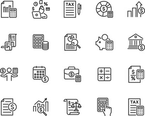 Vector set of accounting line icons. Contains icons financial statement, tax return, invoice, accountant, financial audit, budget, balance sheet and more. Pixel perfect.