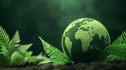 A serene green globe surrounded by lush ferns, symbolizing sustainability and the beauty of nature in harmony with the environment.