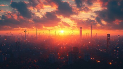 Obraz premium Cityscape at Sunset with Wind Turbines