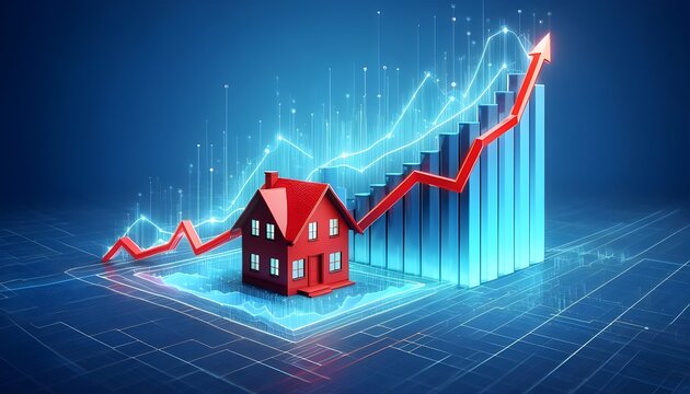 Rising property values concept with red house layout on rising red line graph on abstract blue background. 3D rendering