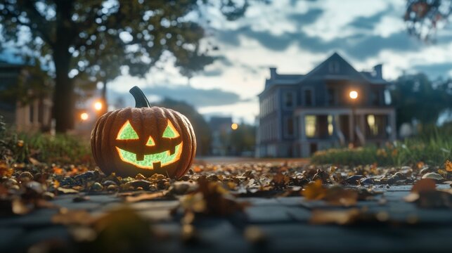 Giant Jack o Lantern carved into a haunted house shape glowing green from within