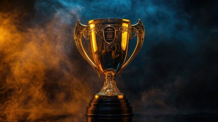 Championship cup displayed in a showroom, with a dark wall and smoky background, glowing in gold