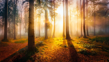 Fototapeta premium Fairytale mood in a foggy forest. Fairytale mood in a forest in autumn, with the mystical 