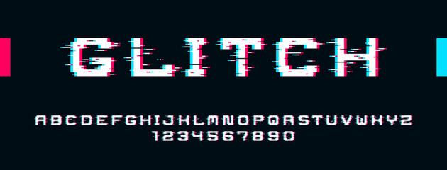 Glitch noisy geometric vector font in analog style, futuristic cyberpunk typeface with digital grunge effect, matrix typography alphabet letters and numbers.