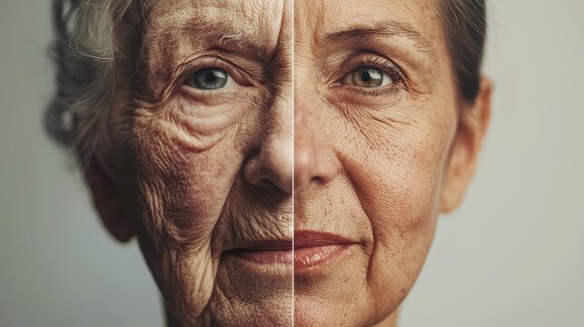 Close-up comparison of an elderly and middle-aged woman's face, highlighting aging and wrinkles, illustrating the passage of time and life stages.