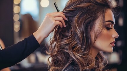 Fototapeta premium Close-up of a hairstylist perfecting curls on a woman with long, wavy hair in a beauty salon, creating a glamorous and elegant look.