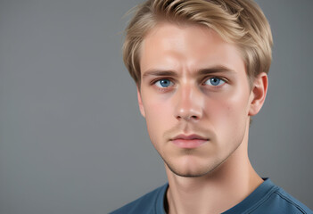 Obraz premium A young Caucasian man with short blonde hair and blue eyes, against a plain gray background