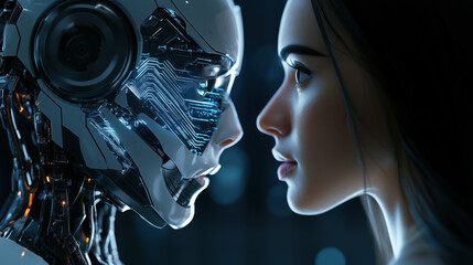 Fototapeta premium close up of AI robots face next to real human, showcasing technology and emotion