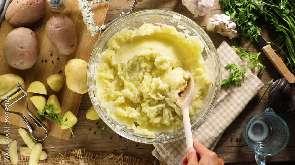 Wall mural Woman’s Hand with Wooden Spoon in Bowl of Mashed Potatoes – Cooking and Preparation Concept