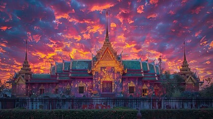Naklejka premium Breathtaking Sunset Skyscape with Dramatic Clouds Illuminating the Majestic and Ornate Buddhist Temple Architecture in Thailand