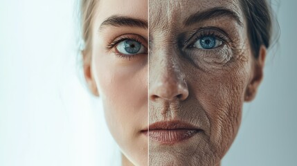 Obraz premium Close-up of a woman's face showing a before and after aging effect, highlighting the difference between youthful and aged skin.