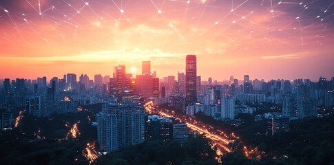 Obraz premium Cityscape at sunset with glowing network lines.
