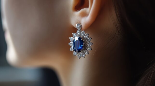 Close-up of a woman's ear wearing an elegant blue gemstone earring with intricate silver detailing, showcasing luxury jewelry design.