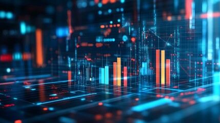 Obraz premium Data Segmentation: An intricate digital network visualizing broken-down business metrics into specific categories and time periods, with detailed bar graphs and interconnected data nodes