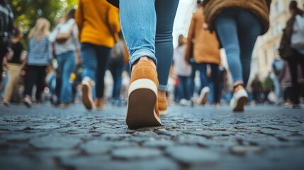 Close-up of feet walking on a cobblestone street, capturing the urban hustle and diverse fashion in a bustling city environment.