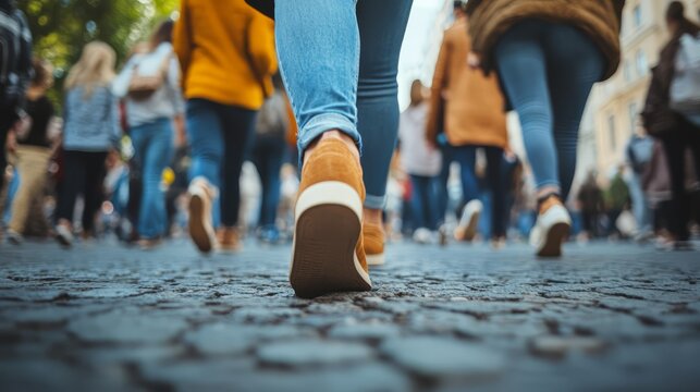 Close-up of feet walking on a cobblestone street, capturing the urban hustle and diverse fashion in a bustling city environment.
