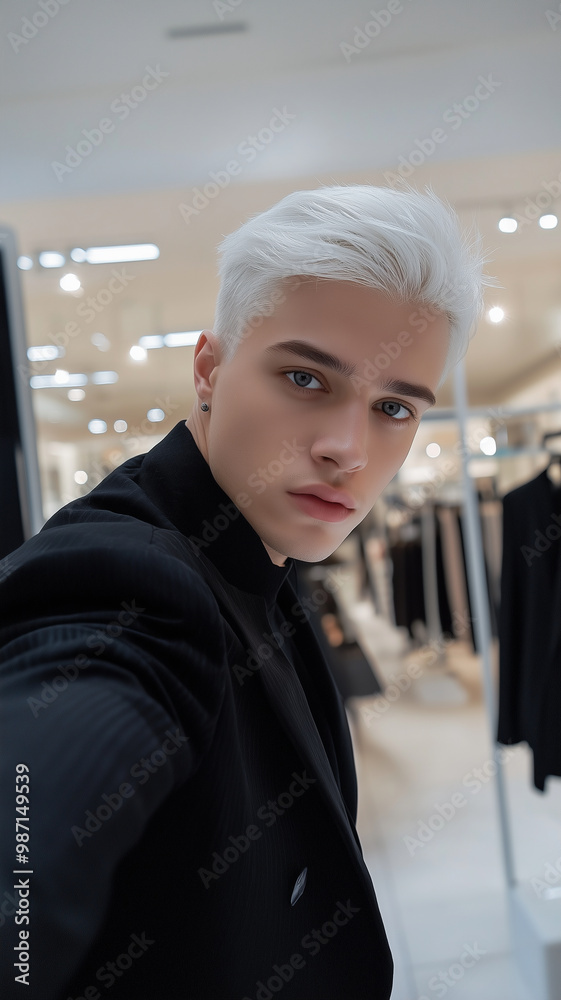 Wall mural social media influencer, white hair and grey eyes wearing stylish business attire. Background of fashion store. Posing for his profile picture, trying to look good.