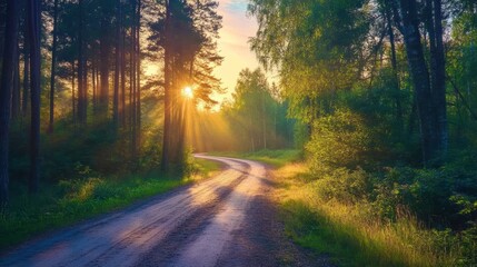 Obraz premium Sun Rays Illuminating Forest Path