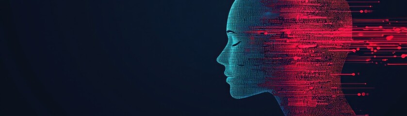 Futuristic digital concept of a human silhouette, blending technology and human creativity, featuring glowing data elements.