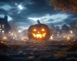 Giant jack-o-lantern glowing brightly in a spooky pumpkin patch
